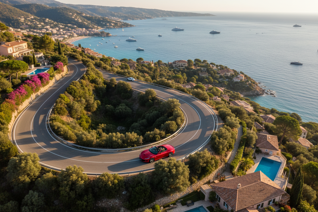 aerial shot of a red ferrari driving on a hill road of st tropez