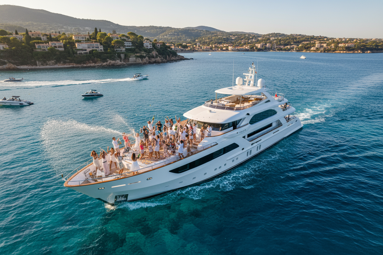 Areal shot of a yacht in the south of france with people partyign on and spraying champagne